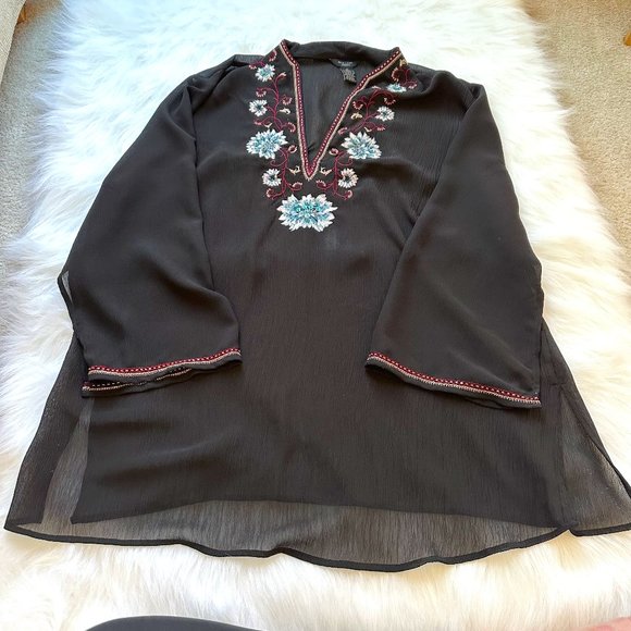 SilkLand Tops - SilkLand Woman Sz 1X Tunic Coverup Sheer Black w/ Floral Embroidery and Beading